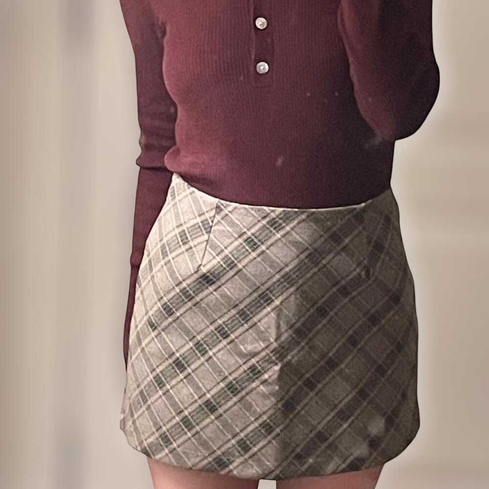 brown beige suiting plaid mini skirt